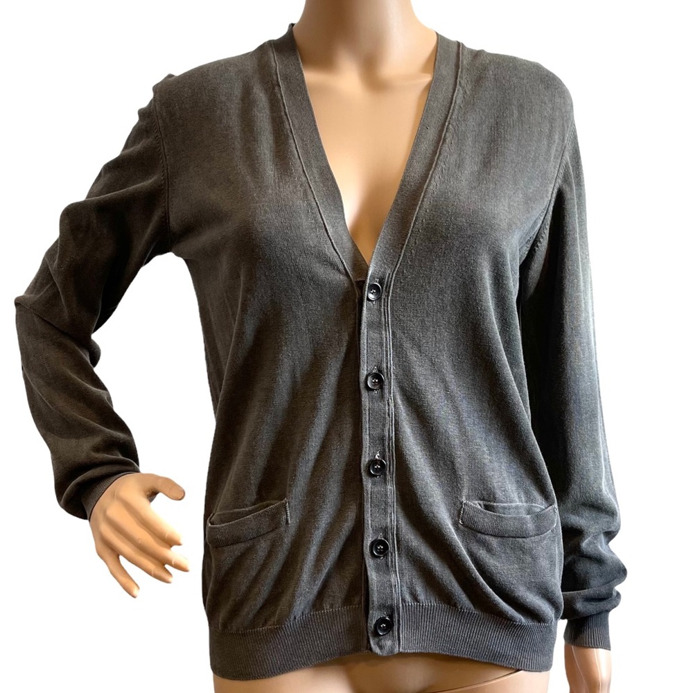 ROBERTO COLLINA  Sunwashed Cotton V-Neck Cardigan Sweater Elbow Patches S